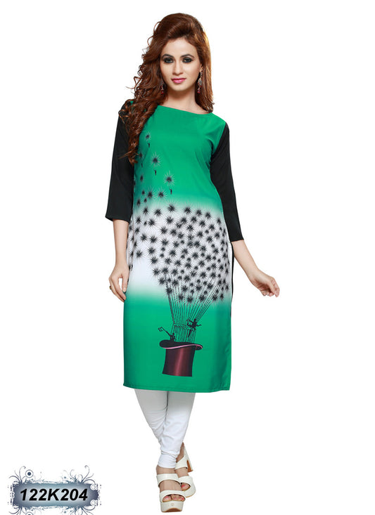 Green Poly Crepe Stitched Printed Kurtis