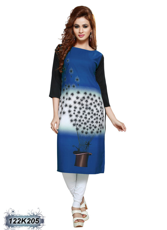 Blue Poly Crepe Stitched Printed Kurtis