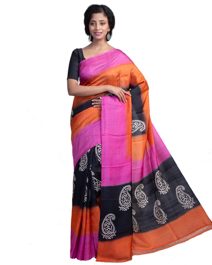 Black Orange Discharge Block Printed Pure Silk Mark Certified Bishnupuri Silk Sarees