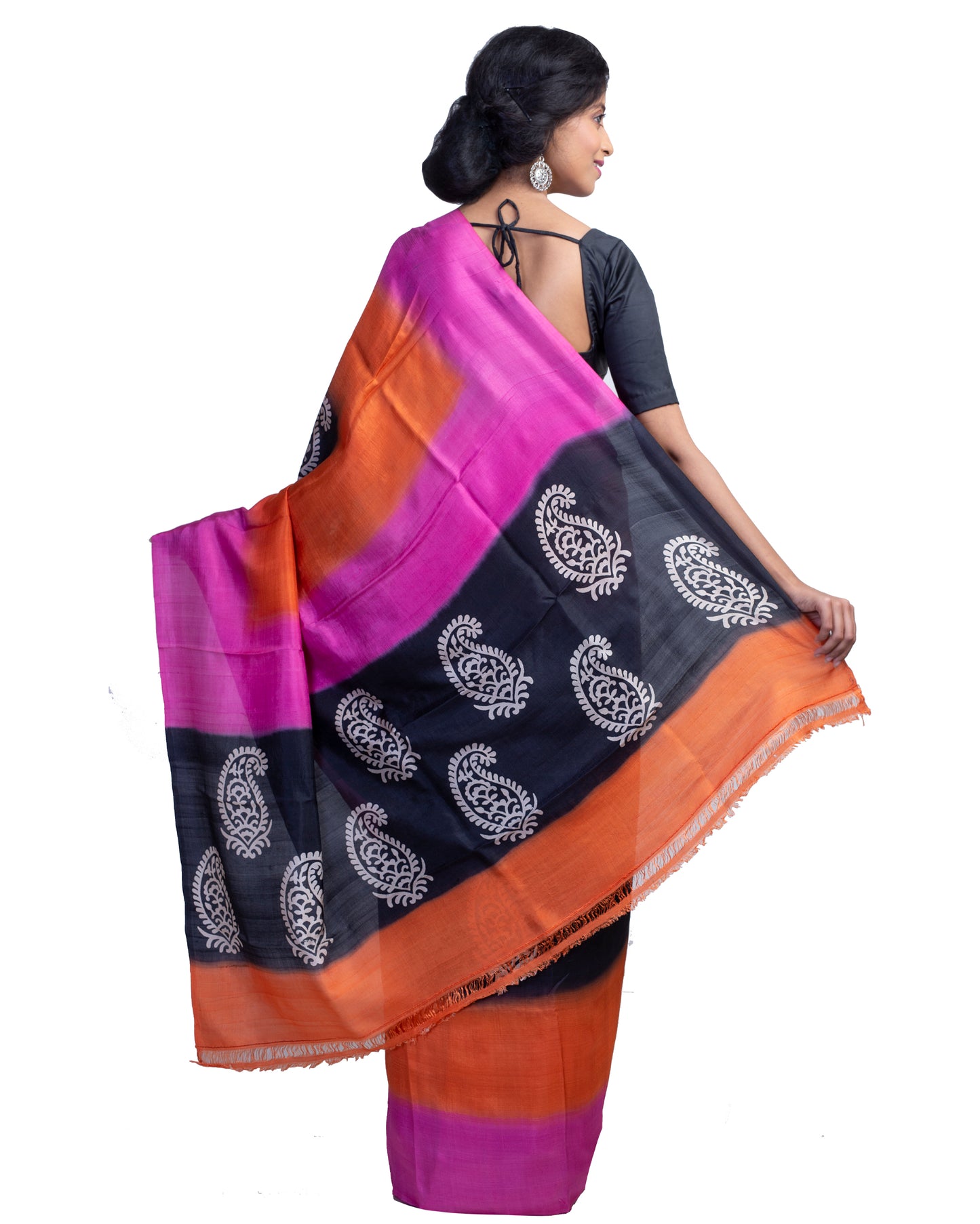 Black Orange Discharge Block Printed Pure Silk Mark Certified Bishnupuri Silk Sarees