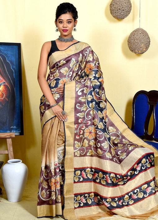 Maroon Floral Hand Painted Zari Border Pure Silk Mark Certified Tussar Silk Kalamkari Sarees