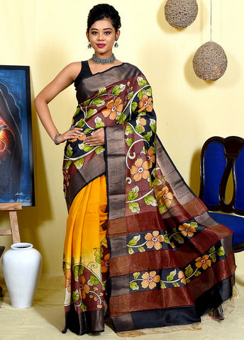 Yellow Floral Hand Painted Zari Border Pure Silk Mark Certified Tussar Silk Kalamkari Sarees