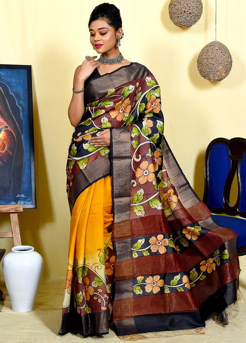 Yellow Floral Hand Painted Zari Border Pure Silk Mark Certified Tussar Silk Kalamkari Sarees