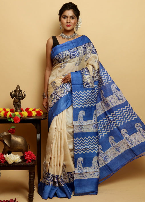 Blue Block Print Silk Mark Certified Bishnupuri Silk Sarees