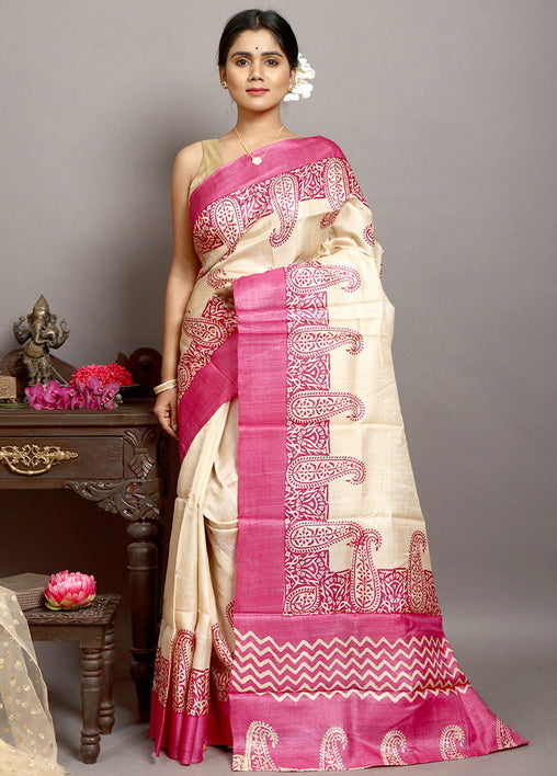 Pink Block Print Silk Mark Certified Bishnupuri Silk Sarees