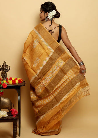 Yellow Block Print Zari Border Pure Silk Mark Certified Tussar Silk Sarees