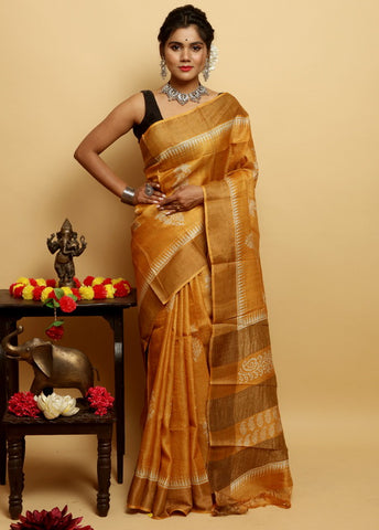 Yellow Block Print Zari Border Pure Silk Mark Certified Tussar Silk Sarees