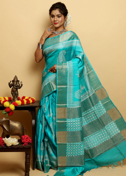 Blue Block Print Zari Border Pure Silk Mark Certified Tussar Silk Sarees