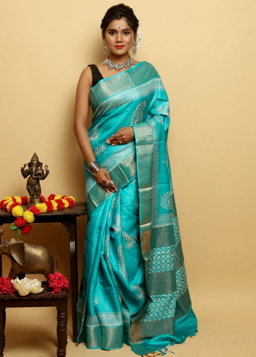 Blue Block Print Zari Border Pure Silk Mark Certified Tussar Silk Sarees