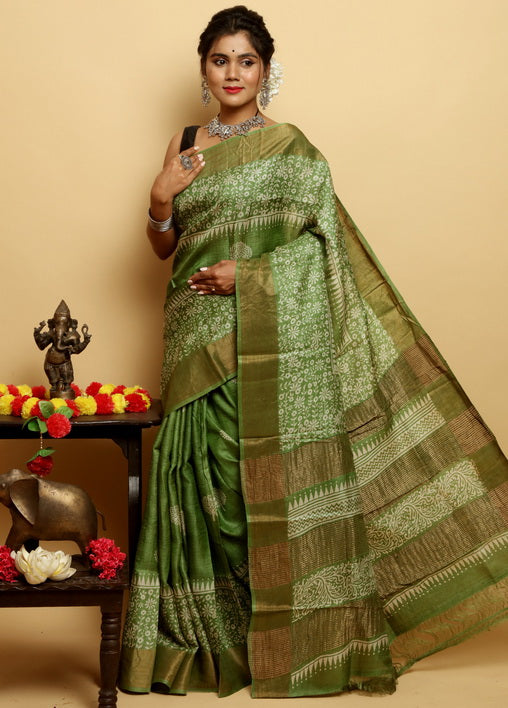 Green Block Print Zari Border Pure Silk Mark Certified Tussar Silk Sarees