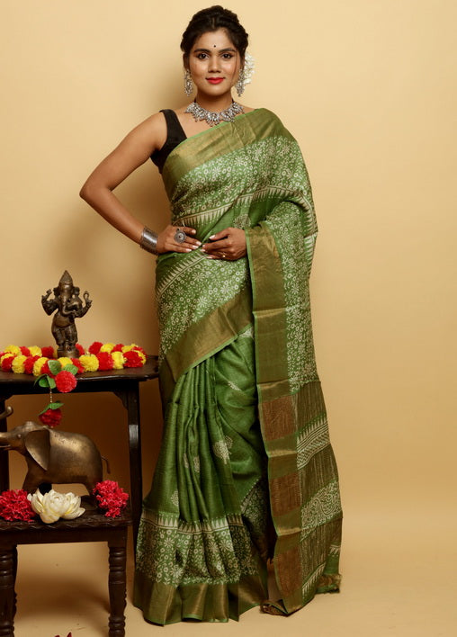 Green Block Print Zari Border Pure Silk Mark Certified Tussar Silk Sarees