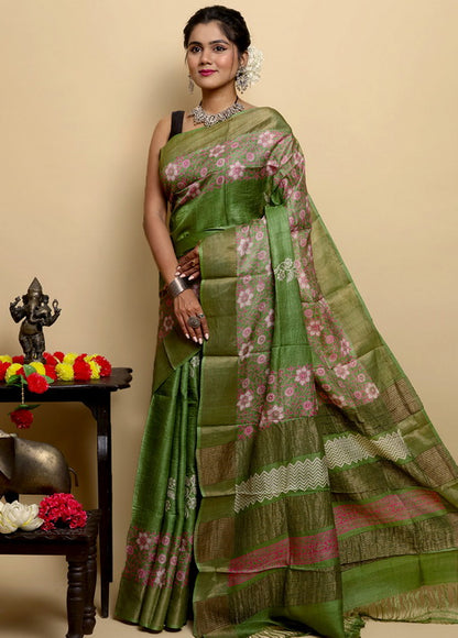 Green Block Print Zari Border Pure Silk Mark Certified Tussar Silk Sarees