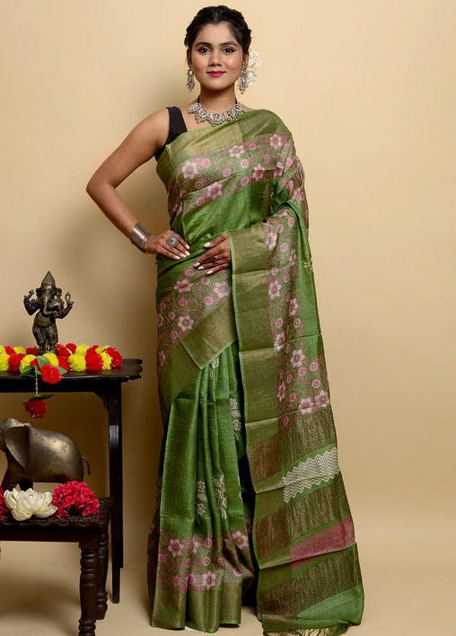 Green Block Print Zari Border Pure Silk Mark Certified Tussar Silk Sarees