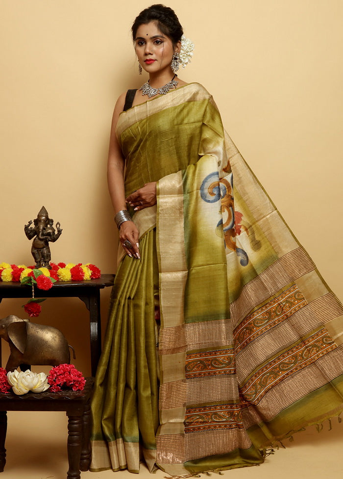 Green Beautiful Hand Paited Zari Border Pure Silk Mark Certified Tussar Silk Sarees