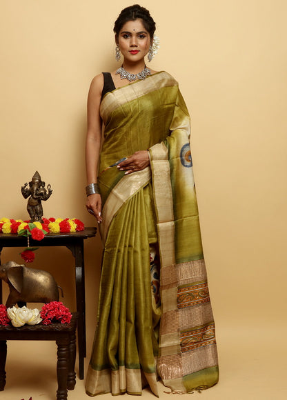 Green Beautiful Hand Paited Zari Border Pure Silk Mark Certified Tussar Silk Sarees