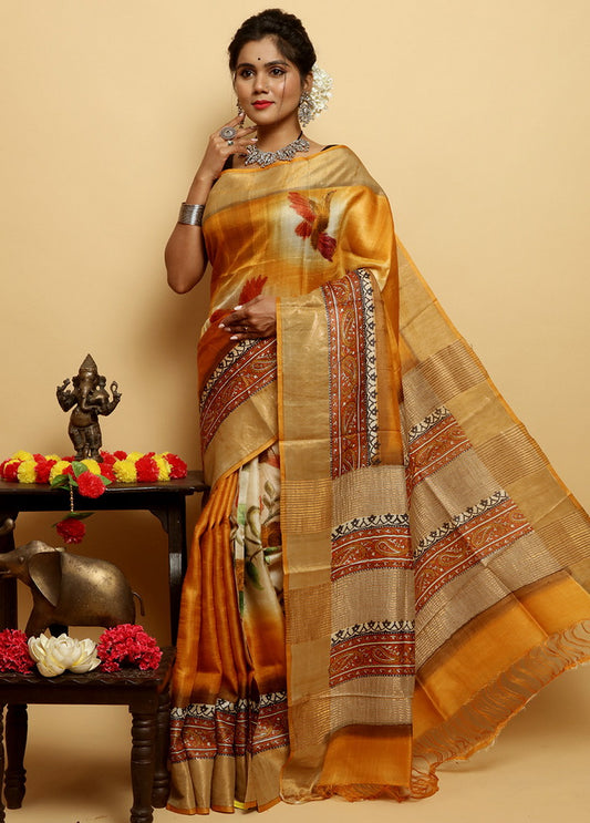 Yellow Beautiful Hand Paited Zari Border Pure Silk Mark Certified Tussar Silk Sarees