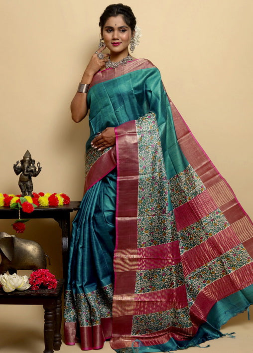 Teal Block Print Zari Border Pure Silk Mark Certified Tussar Silk Sarees - Dailybuyys