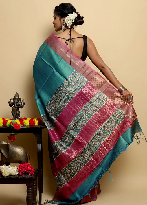 Teal Block Print Zari Border Pure Silk Mark Certified Tussar Silk Sarees - Dailybuyys