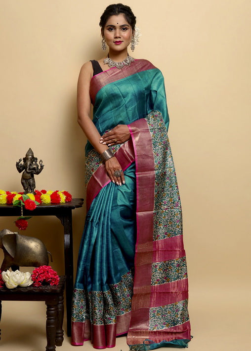 Teal Block Print Zari Border Pure Silk Mark Certified Tussar Silk Sarees - Dailybuyys