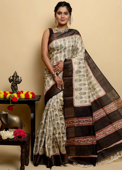 Black Block Print Zari Border Pure Silk Mark Certified Tussar Silk Sarees