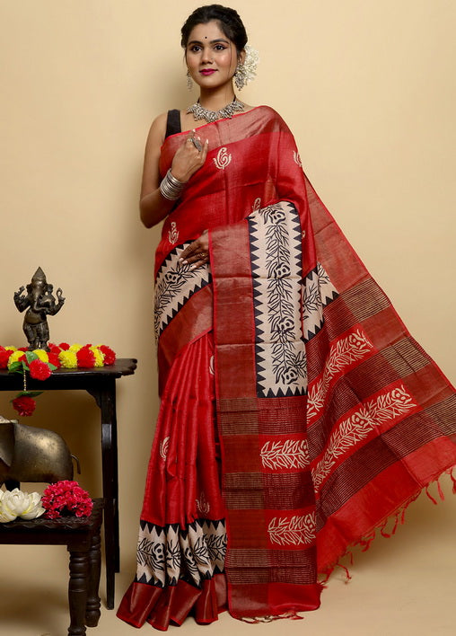 Red Block Print Zari Border Pure Silk Mark Certified Tussar Silk Sarees