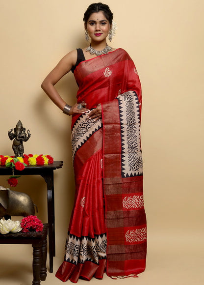 Red Block Print Zari Border Pure Silk Mark Certified Tussar Silk Sarees