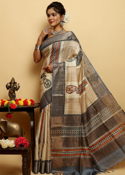 Grey Block Print Zari Border Pure Silk Mark Certified Tussar Silk Sarees