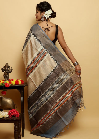 Grey Block Print Zari Border Pure Silk Mark Certified Tussar Silk Sarees