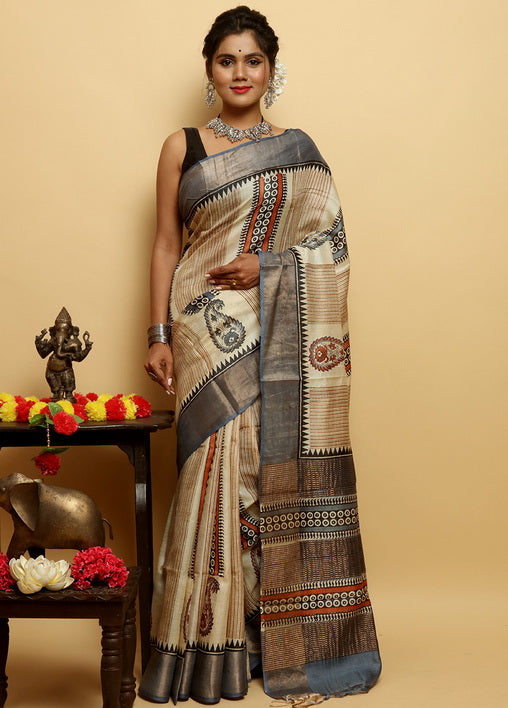 Grey Block Print Zari Border Pure Silk Mark Certified Tussar Silk Sarees