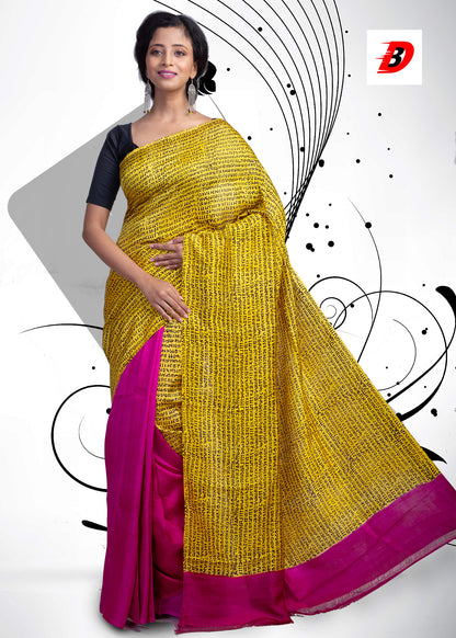 Yellow Block Printed Pure Silk Mark Certified Bishnupuri Silk Sarees