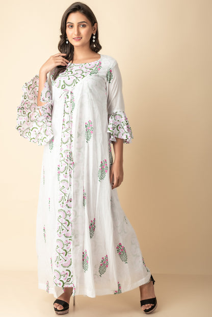 White floral Hand block printd kurtis dress with jacketRed Imported Long Indo Western Kurtis  Wear