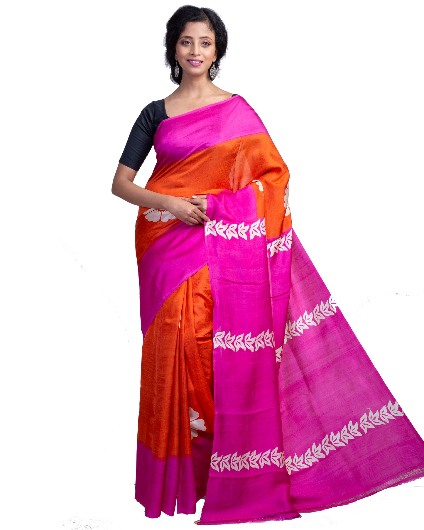 Orange Pink Block Printed Pure Silk Mark Certified Bishnupuri Silk Sarees