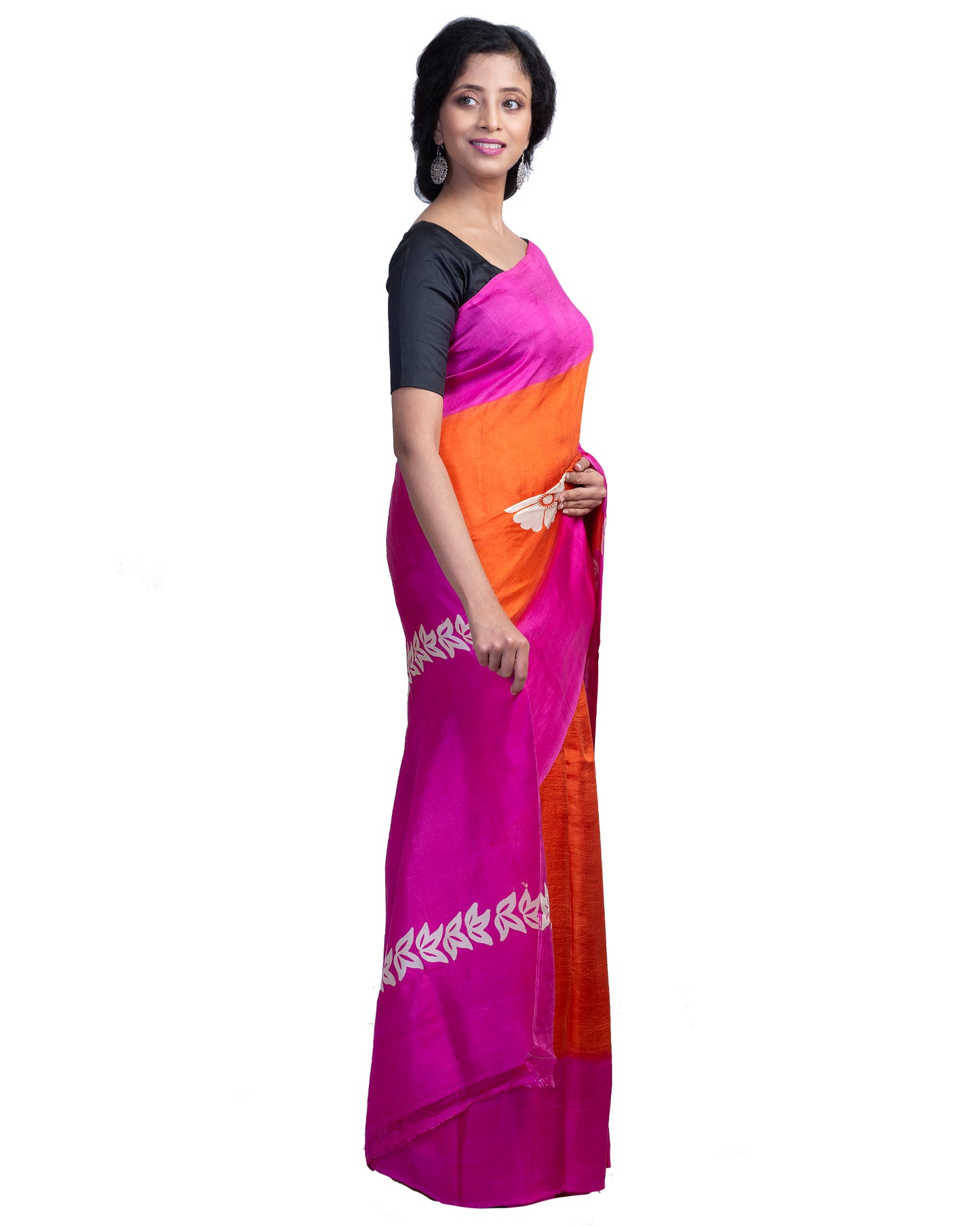 Orange Pink Block Printed Pure Silk Mark Certified Bishnupuri Silk Sarees