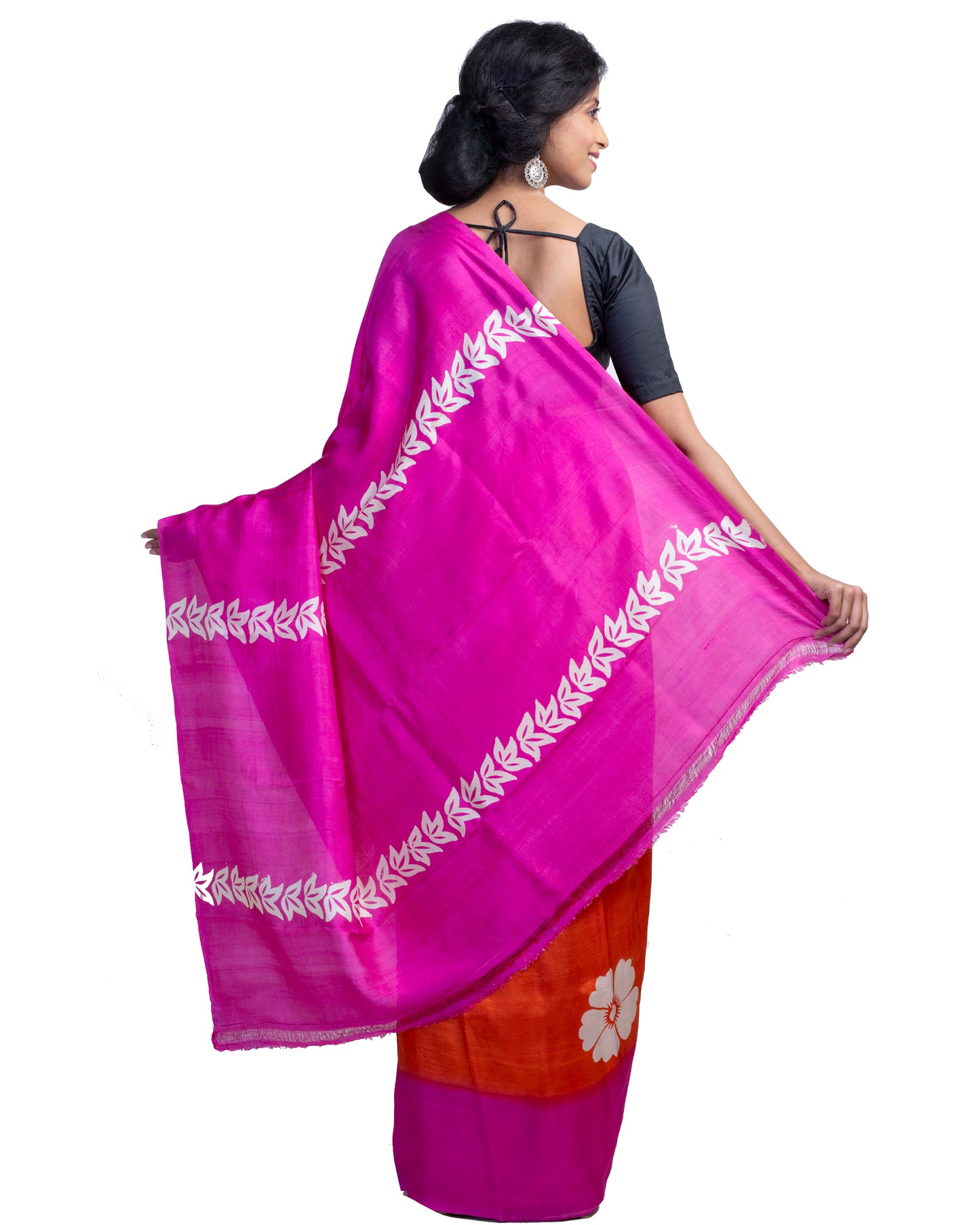 Orange Pink Block Printed Pure Silk Mark Certified Bishnupuri Silk Sarees