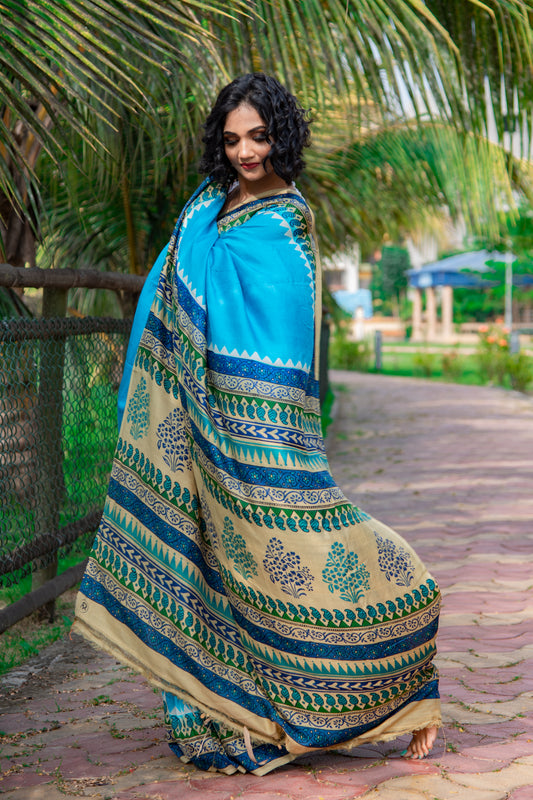 Blue Block Printed Pure Silk Mark Certified Bishnupuri Silk Sarees