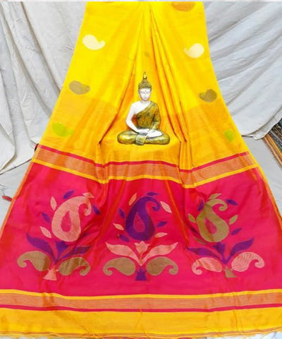 Yellow Pink Pure Cotton Handloom Sarees