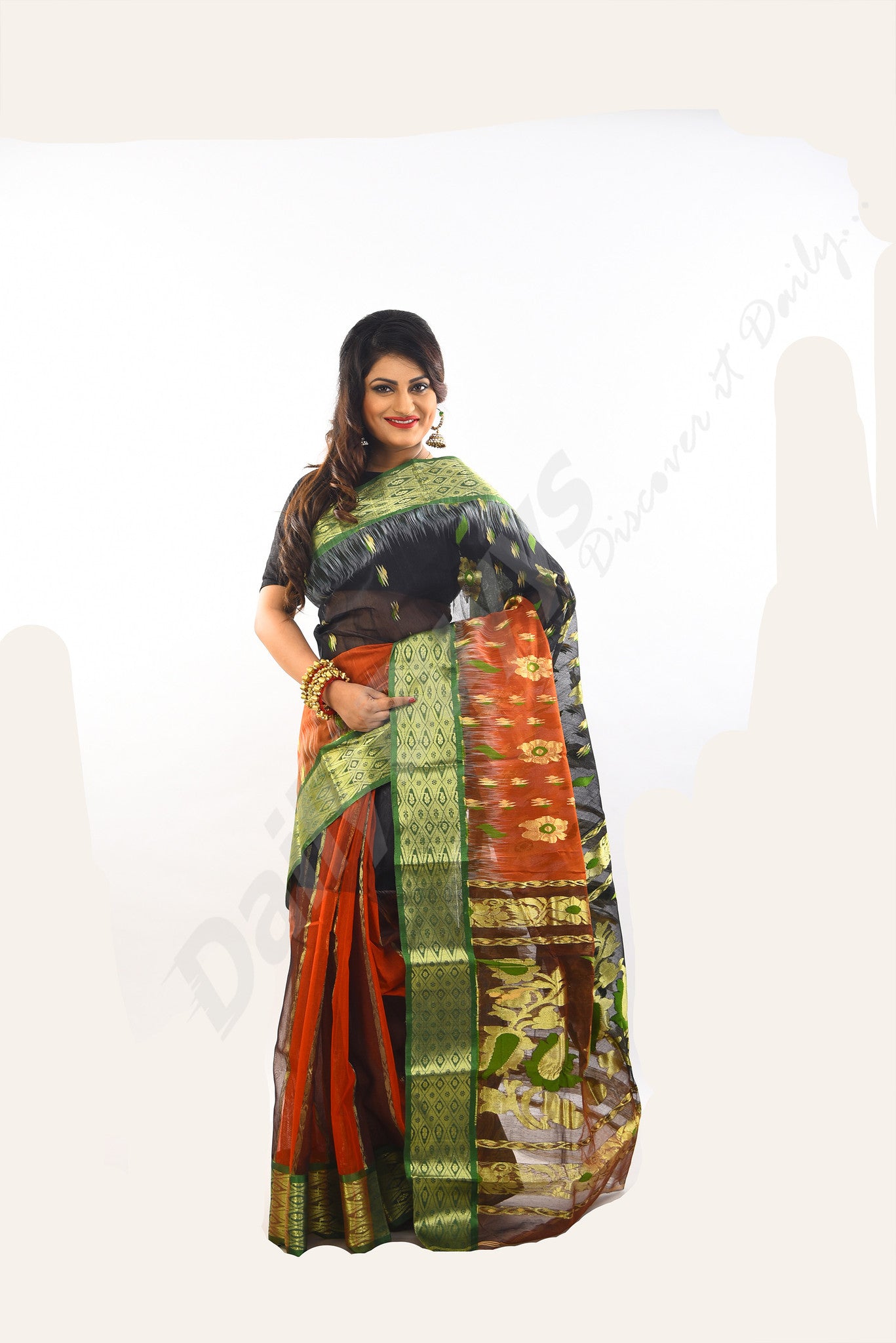 Brown Golden Green Dhakai Jamdani Sarees