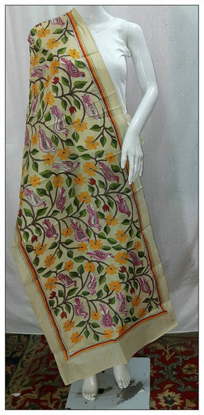 Handpicked Beige & Yellow Pure Silk Mark Certified Tussar Kantha Stitch Stoles