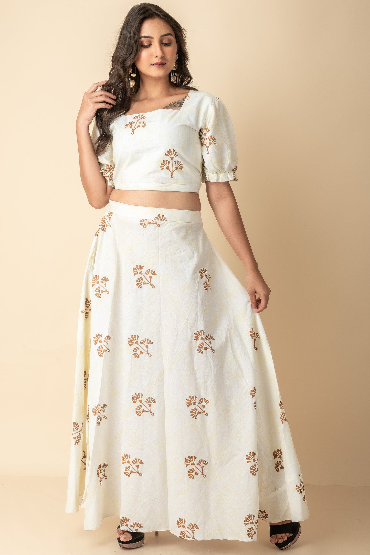 Pale Yellow Hand Block Printed Indo Western  wear Co-ord set dress set