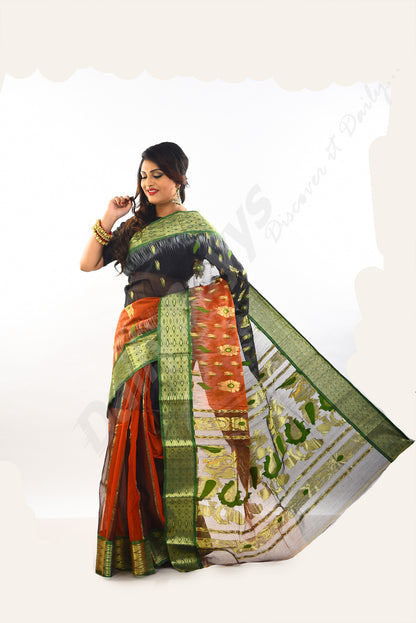 Brown Golden Green Dhakai Jamdani Sarees