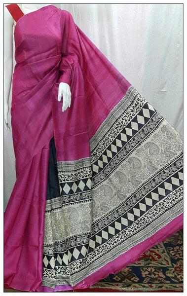 Rani Coloured  Zari Border Pure Silk Mark Certified Tussar Silk Sarees