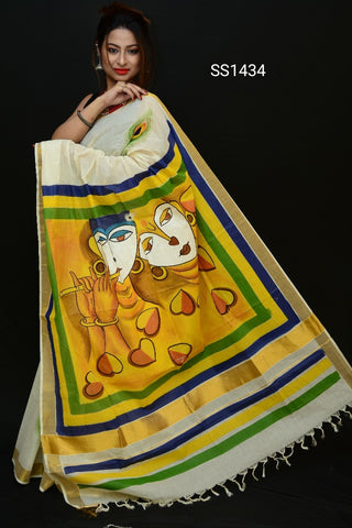 Beige Yellow Kerala Pure Cotton Sarees