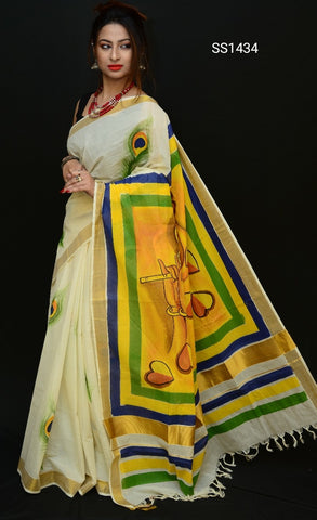 Beige Yellow Kerala Pure Cotton Sarees