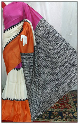 White & Rani Multi Coloured  Zari Border Pure Silk Mark Certified Tussar Silk Sarees
