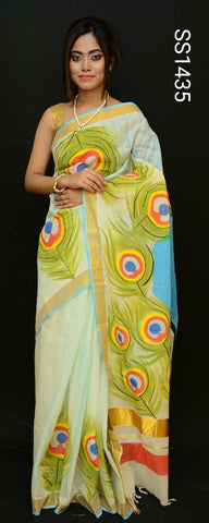 Beige Yellow Kerala Pure Cotton Sarees