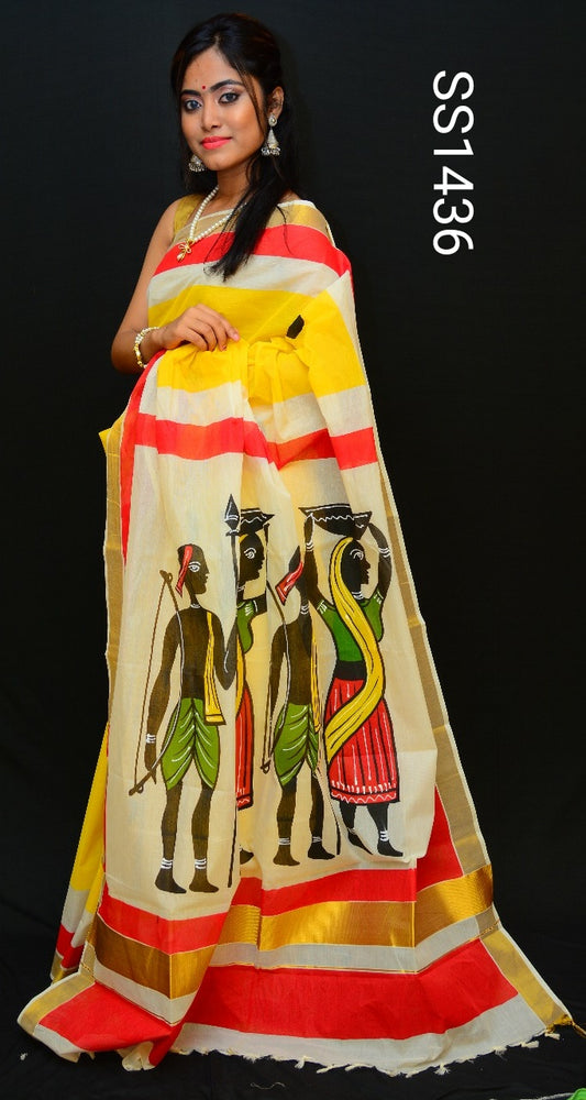 Yellow Beige Kerala Pure Cotton Sarees