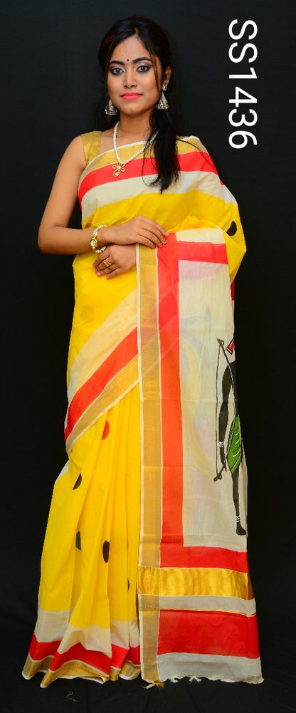 Yellow Beige Kerala Pure Cotton Sarees