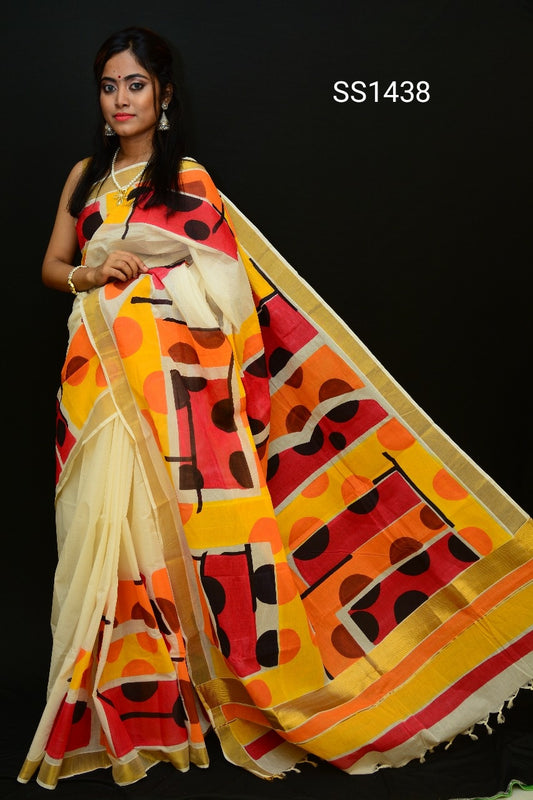 Beige Yellow Kerala Pure Cotton Sarees