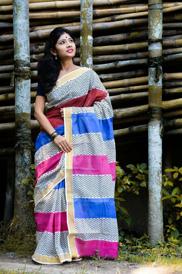 Grey, Pink & Blue Kerala Pure Cotton Sarees