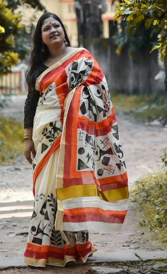White & Orange Kerala Pure Cotton Sarees - Dailybuyys